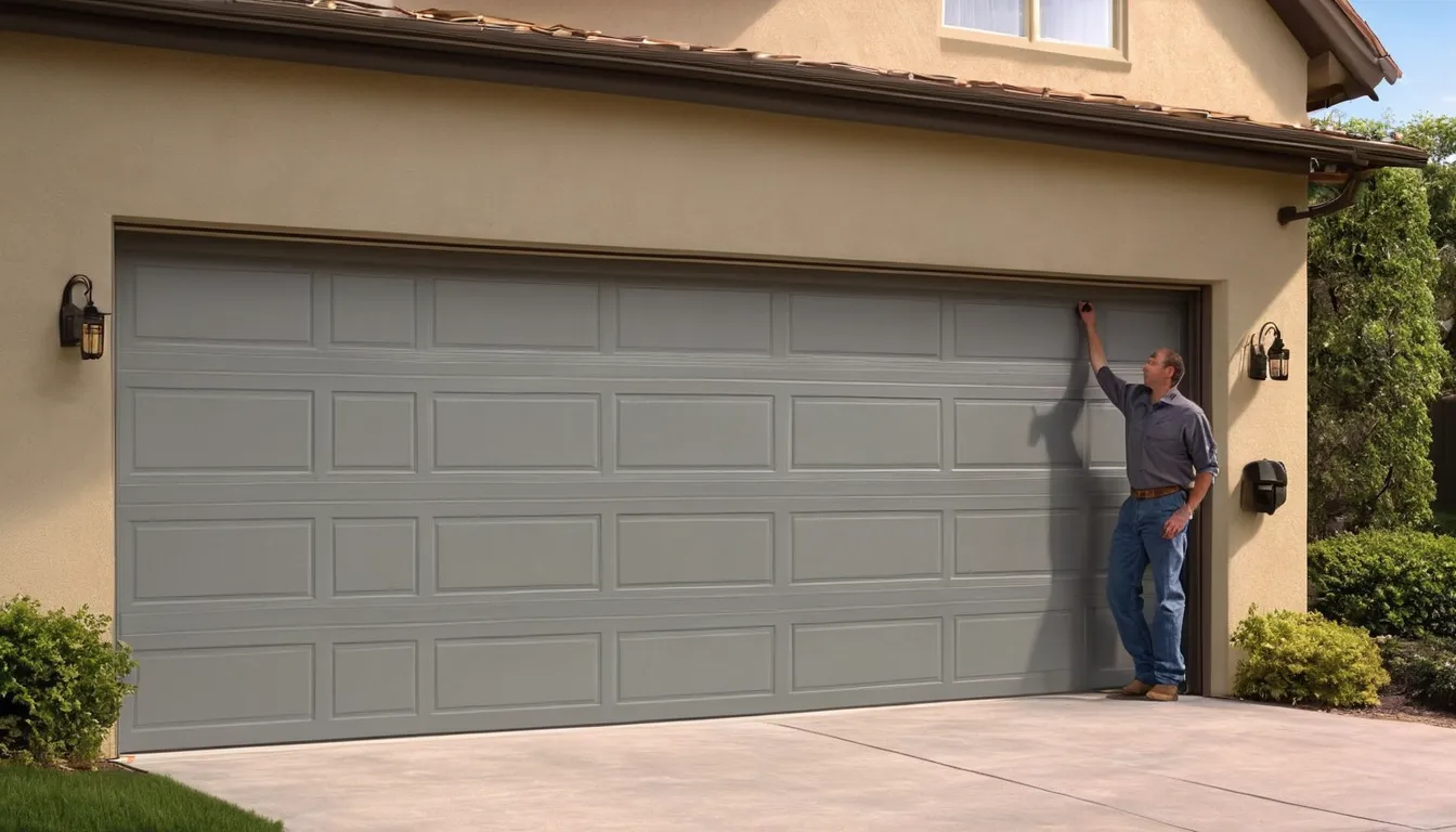 A provider fitting a new garage door on a stucco home in Dublin