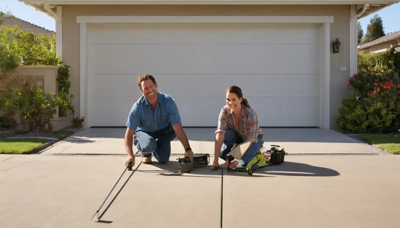 A provider checking the track of a garage door on a stucco home in Dublin
